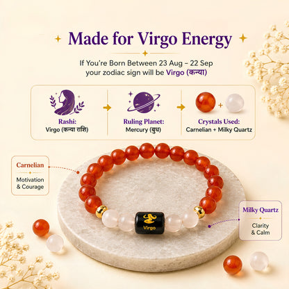 Virgo Zodiac Bracelet — Carnelian & Milky Quartz (Kanya Rashi)