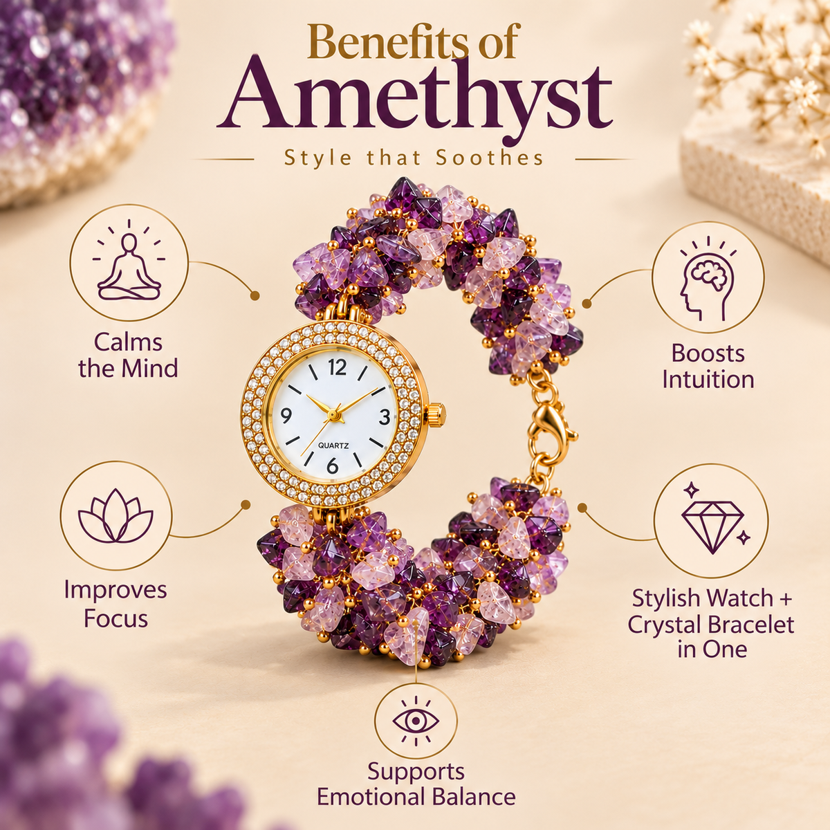 Amethyst Stone Chips Watch | Crystal Bracelet Watch for Women