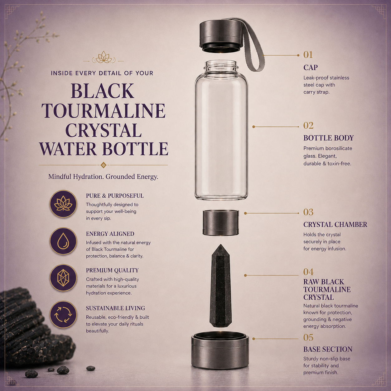 Black Tourmaline Crystal Water Bottle