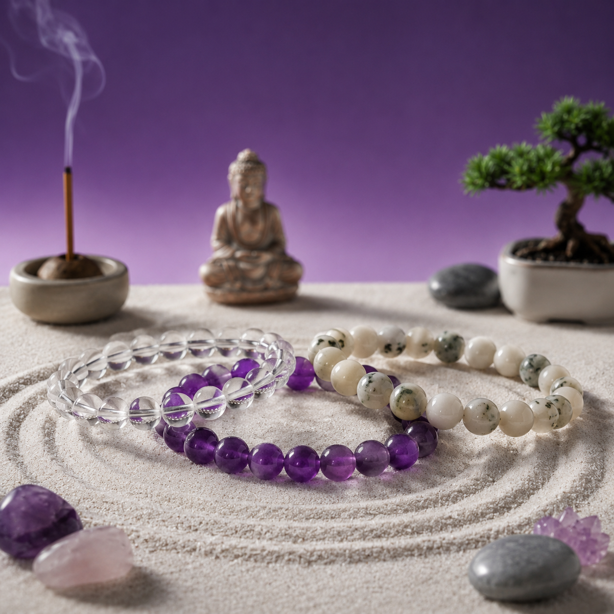 Moonstone, Clear Quartz & Amethyst Bracelet
