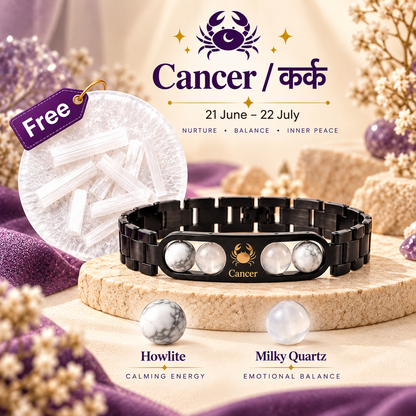 Cancer (कर्क राशि) Zodiac Metal Bracelet — Howlite & Milky Quartz + Free Raw Selenite