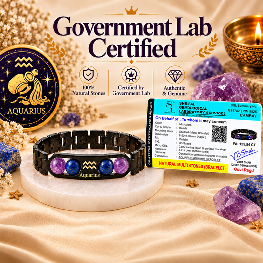 Aquarius (कुंभ राशि) Zodiac Metal Bracelet — Amethyst & Lapis Lazuli + Free Raw Selenite