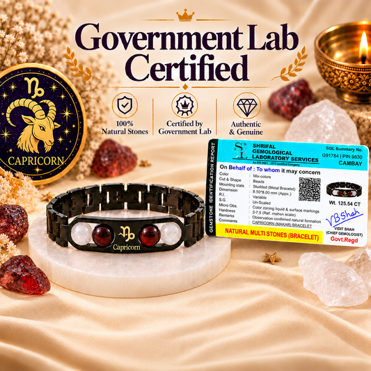 Capricorn (मकर राशि) Zodiac Metal Bracelet — Garnet & Milky Quartz + Free Raw Selenite