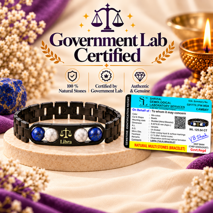 Libra (तुला राशि) Zodiac Metal Bracelet — Lapis Lazuli & Howlite + Free Raw Selenite