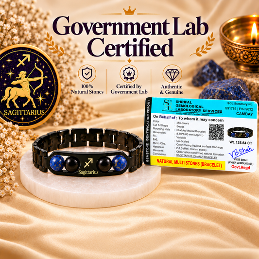 Sagittarius (धनु राशि) Zodiac Metal Bracelet — Black Obsidian & Lapis Lazuli + Free Raw Selenite