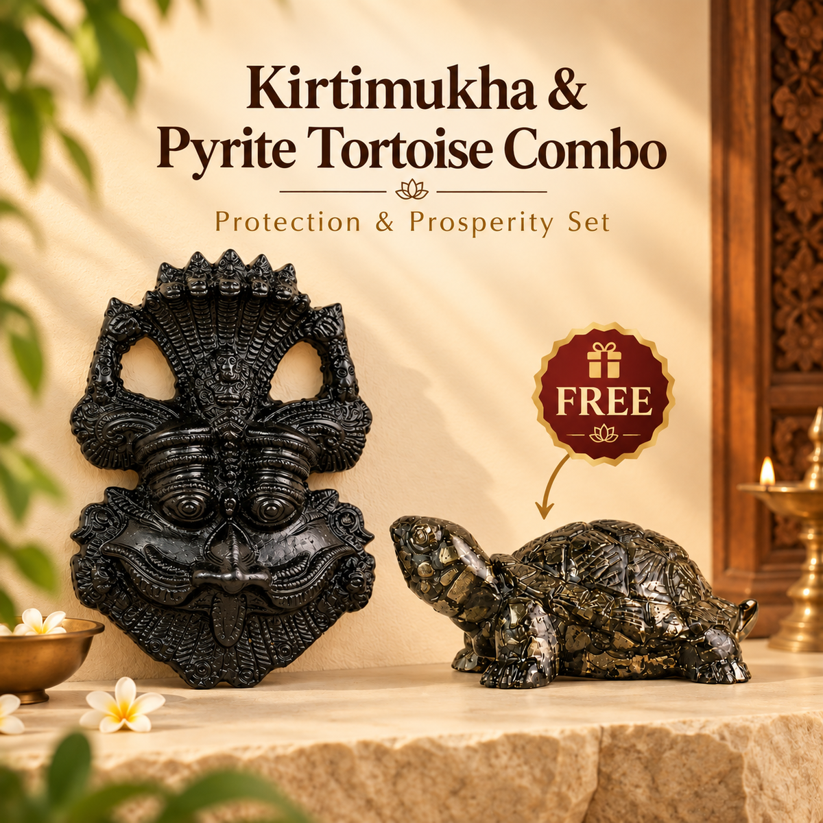 Kirtimukha with Free Pyrite Tortoise | Protection & Prosperity Set