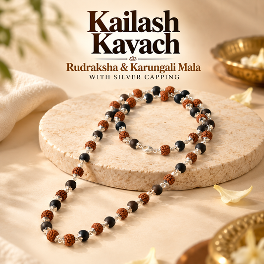 Kailash Kavach Rudraksha & Karungali Mala with Silver Capping