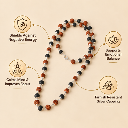 Kailash Kavach Rudraksha & Karungali Mala with Silver Capping