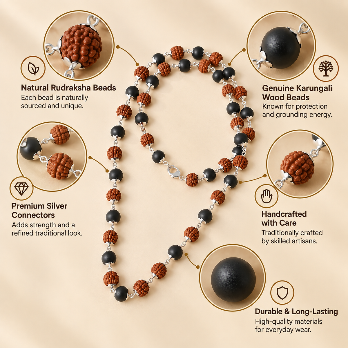 Kailash Kavach Rudraksha & Karungali Mala with Silver Capping