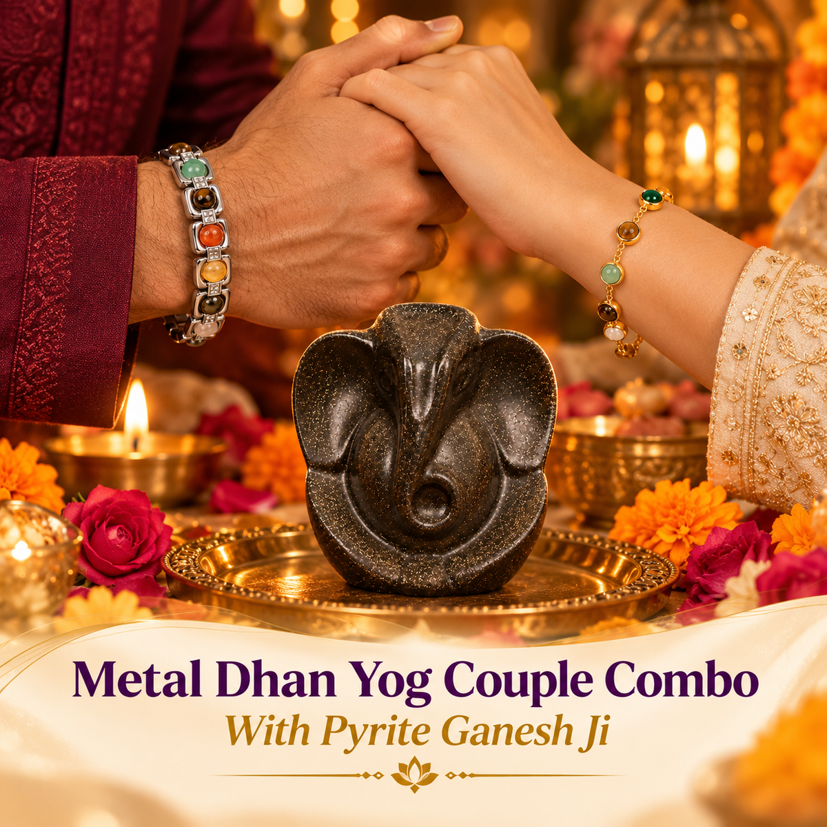 Metal Dhanyog Couple Bracelet Combo with Pyrite Ganesh Ji
