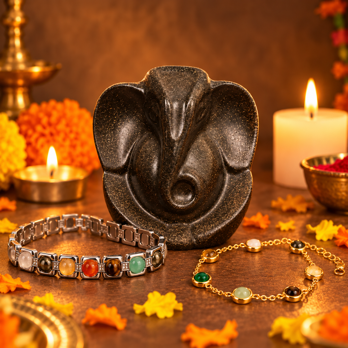 Metal Dhanyog Couple Bracelet Combo with Pyrite Ganesh Ji