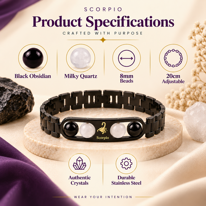 Scorpio (वृश्चिक राशि) Zodiac Metal Bracelet — Black Obsidian & Milky Quartz
