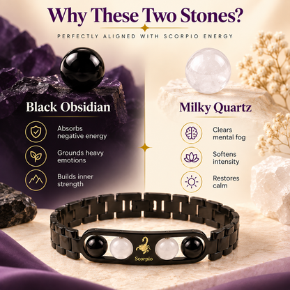 Scorpio (वृश्चिक राशि) Zodiac Metal Bracelet — Black Obsidian & Milky Quartz