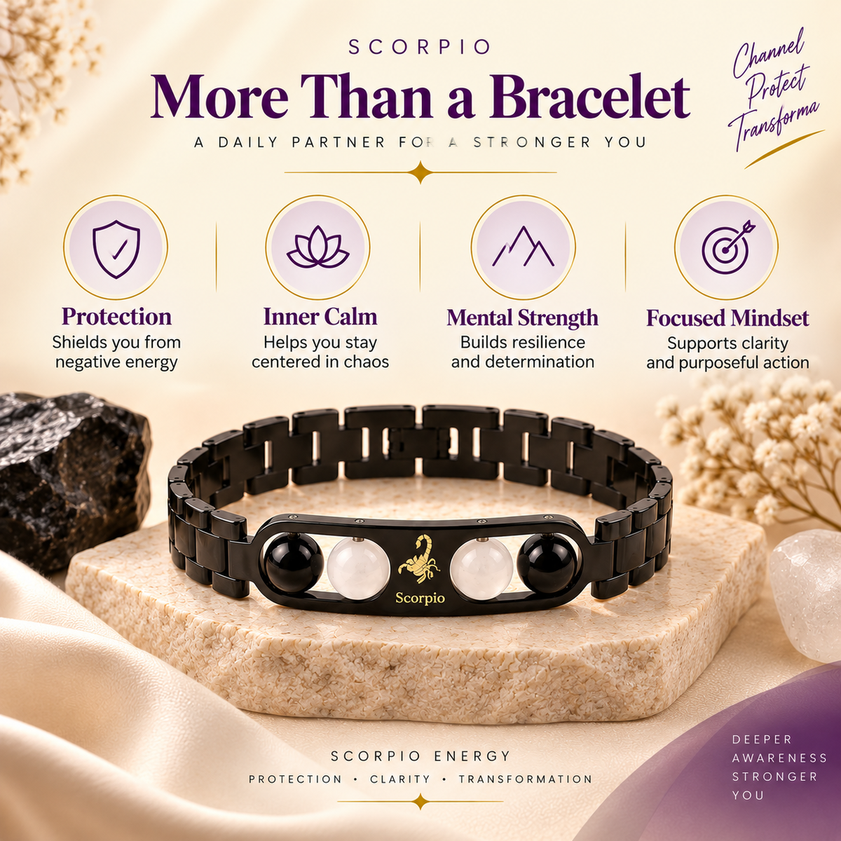 Scorpio (वृश्चिक राशि) Zodiac Metal Bracelet — Black Obsidian & Milky Quartz