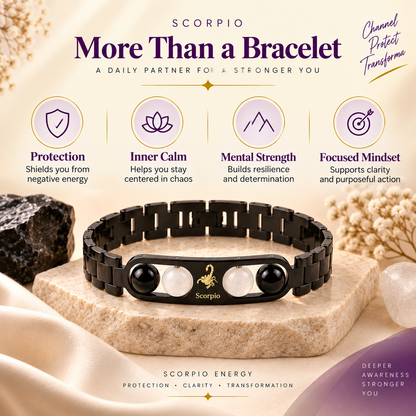 Scorpio (वृश्चिक राशि) Zodiac Metal Bracelet — Black Obsidian & Milky Quartz