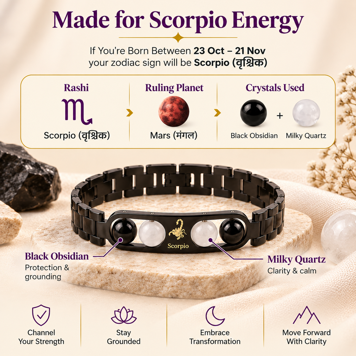 Scorpio (वृश्चिक राशि) Zodiac Metal Bracelet — Black Obsidian & Milky Quartz