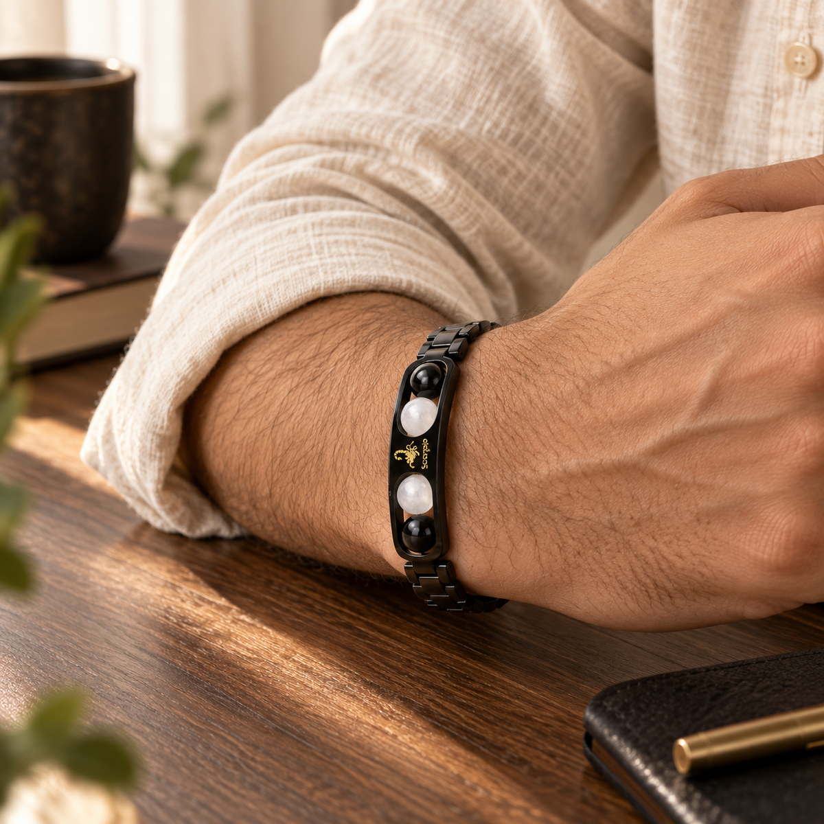 Scorpio (वृश्चिक राशि) Zodiac Metal Bracelet — Black Obsidian & Milky Quartz