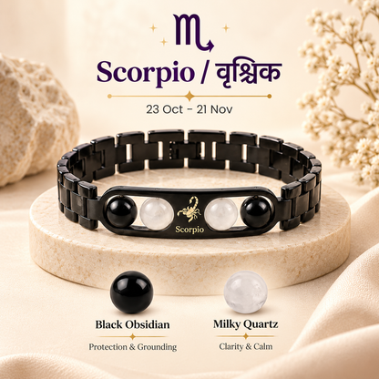 Scorpio (वृश्चिक राशि) Zodiac Metal Bracelet — Black Obsidian & Milky Quartz