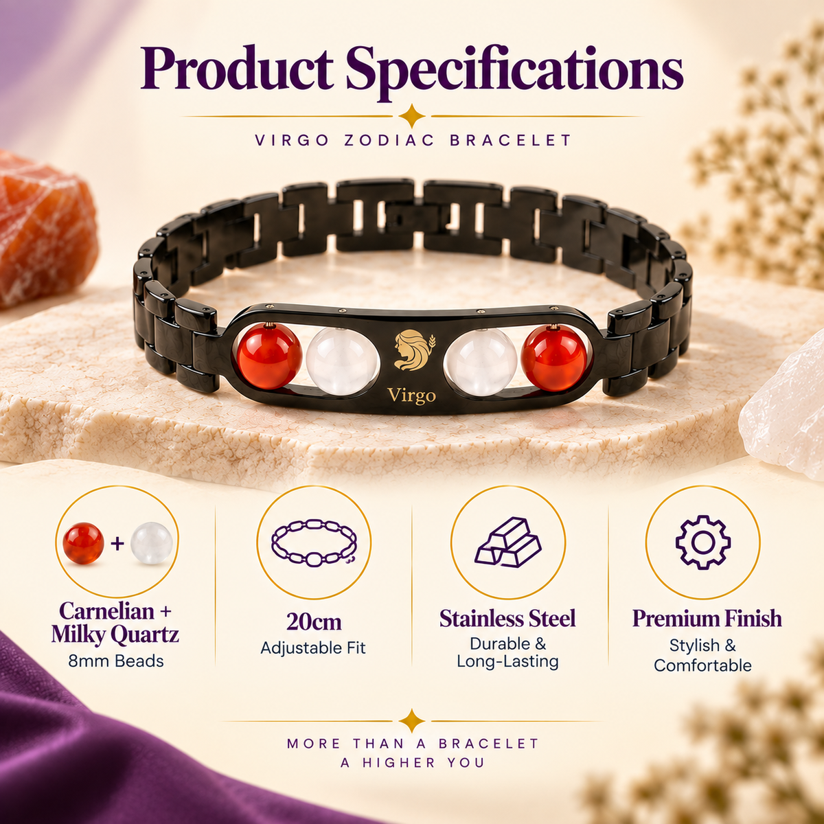 Virgo (कन्या राशि) Zodiac Metal Bracelet — Carnelian & Milky Quartz