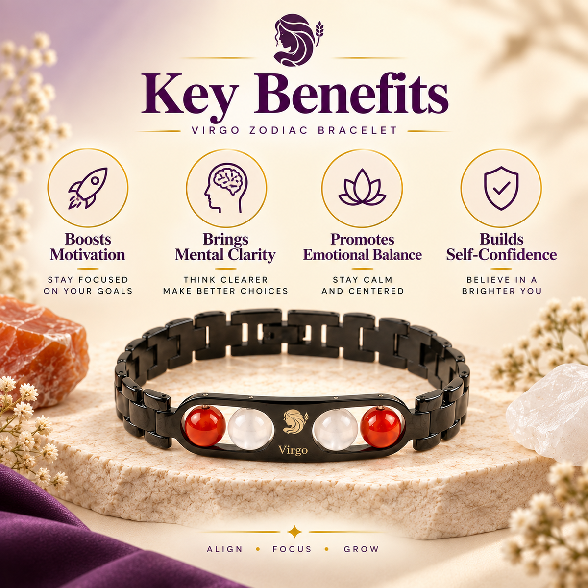 Virgo (कन्या राशि) Zodiac Metal Bracelet — Carnelian & Milky Quartz