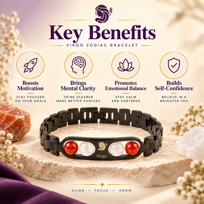 Virgo (कन्या राशि) Zodiac Metal Bracelet — Carnelian & Milky Quartz