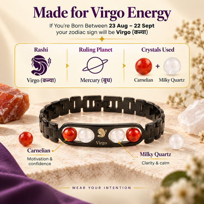 Virgo (कन्या राशि) Zodiac Metal Bracelet — Carnelian & Milky Quartz