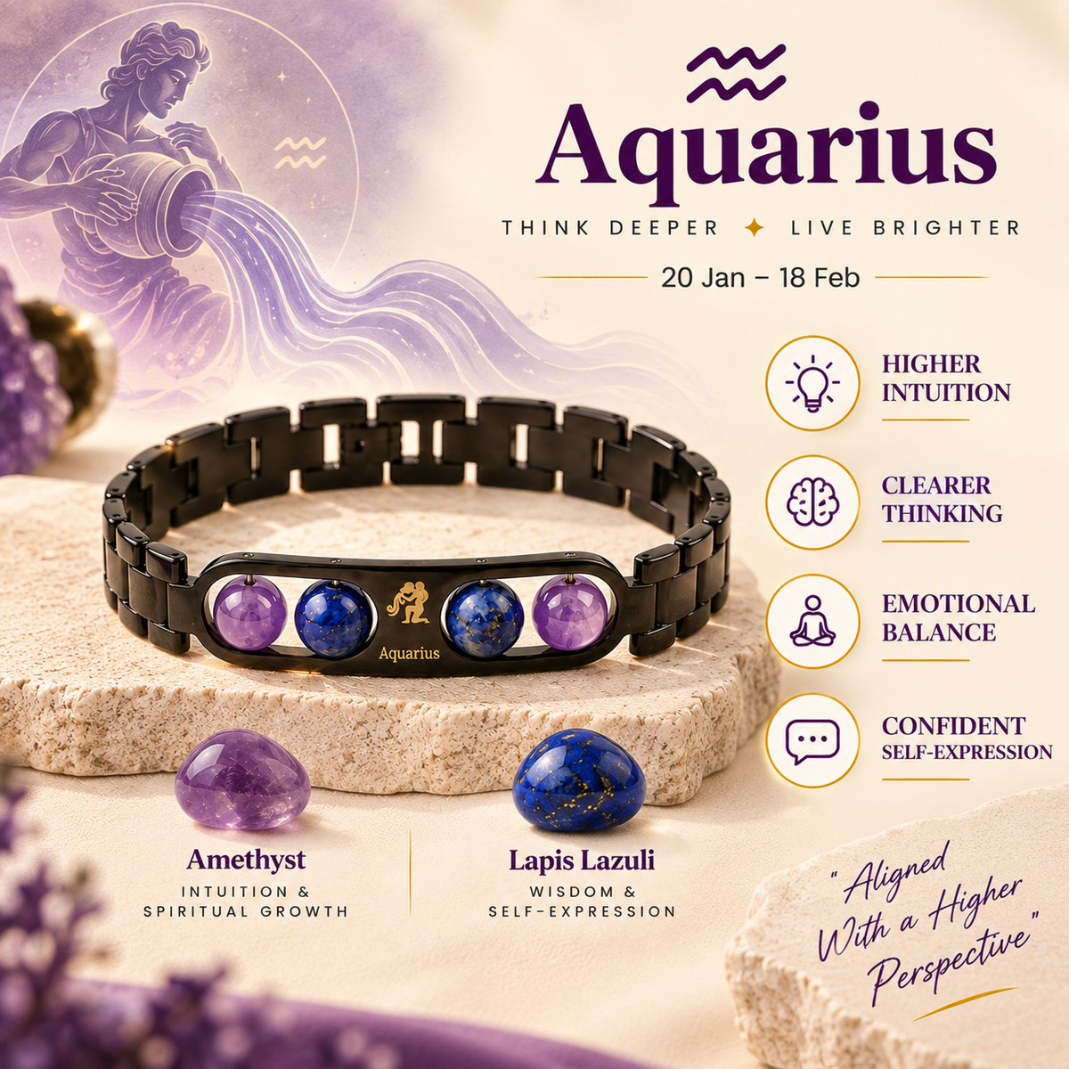 Aquarius (कुंभ राशि) Zodiac Metal Bracelet — Amethyst & Lapis Lazuli