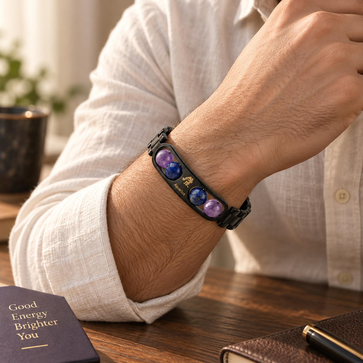 Aquarius (कुंभ राशि) Zodiac Metal Bracelet — Amethyst & Lapis Lazuli