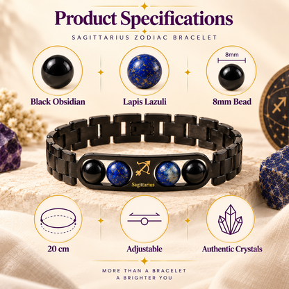 Sagittarius (धनु राशि) Zodiac Metal Bracelet — Black Obsidian & Lapis Lazuli