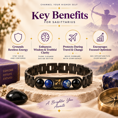 Sagittarius (धनु राशि) Zodiac Metal Bracelet — Black Obsidian & Lapis Lazuli