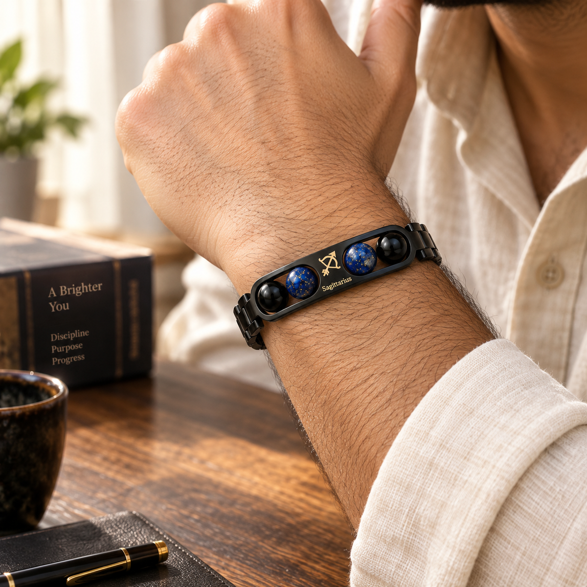 Sagittarius (धनु राशि) Zodiac Metal Bracelet — Black Obsidian & Lapis Lazuli
