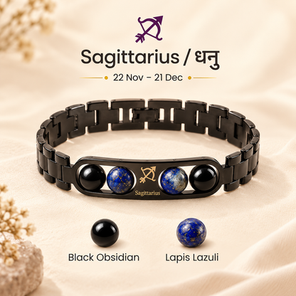 Sagittarius (धनु राशि) Zodiac Metal Bracelet — Black Obsidian & Lapis Lazuli
