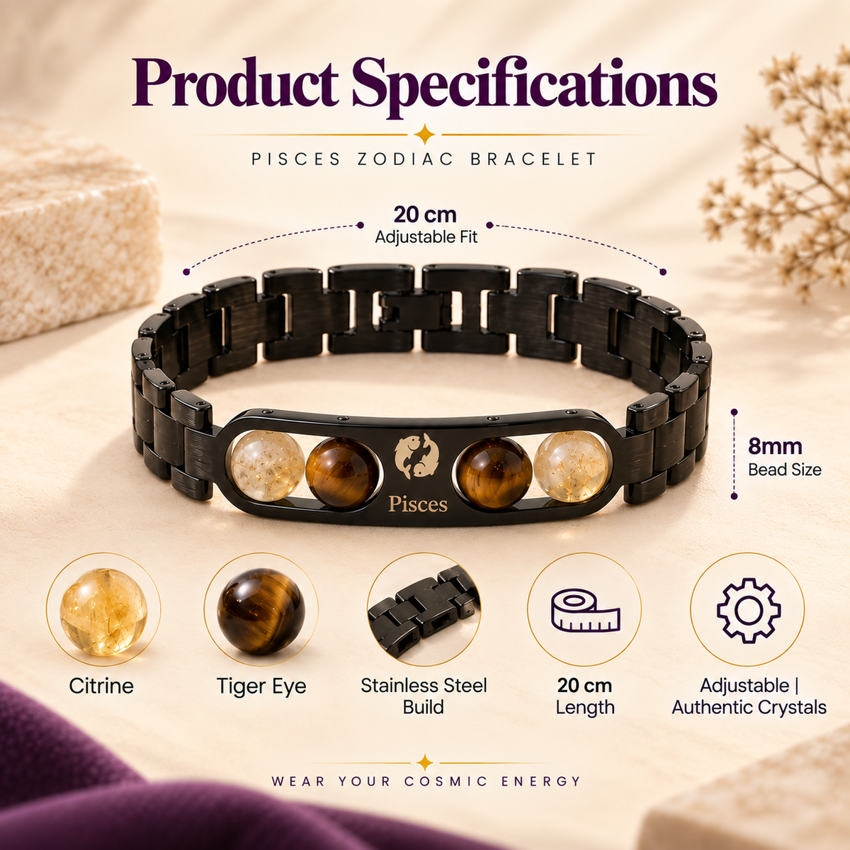 Pisces (मीन राशि) Zodiac Metal Bracelet — Citrine & Tiger Eye