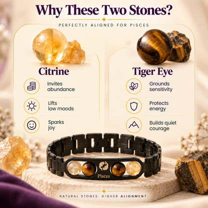 Pisces (मीन राशि) Zodiac Metal Bracelet — Citrine & Tiger Eye