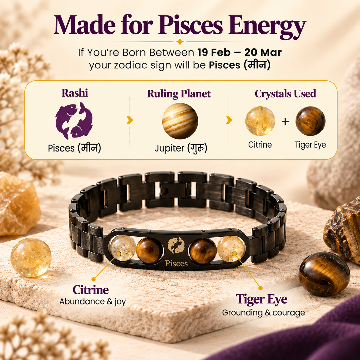 Pisces (मीन राशि) Zodiac Metal Bracelet — Citrine & Tiger Eye
