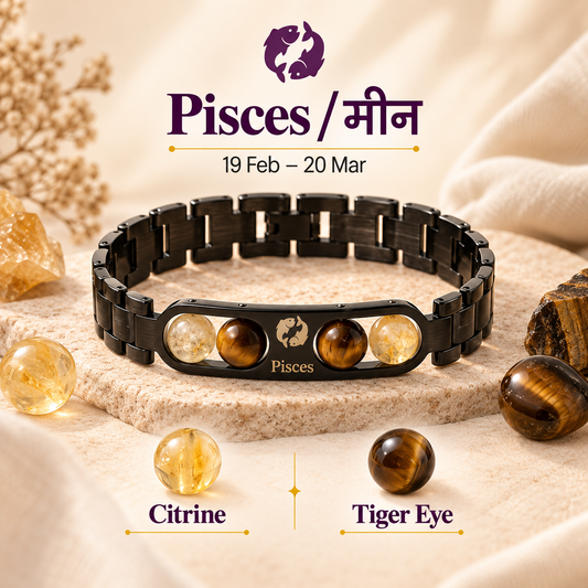 Pisces (मीन राशि) Zodiac Metal Bracelet — Citrine & Tiger Eye