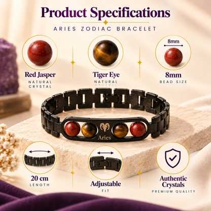 Aries (मेष राशि) Zodiac Metal Bracelet — Red Jasper & Tiger Eye
