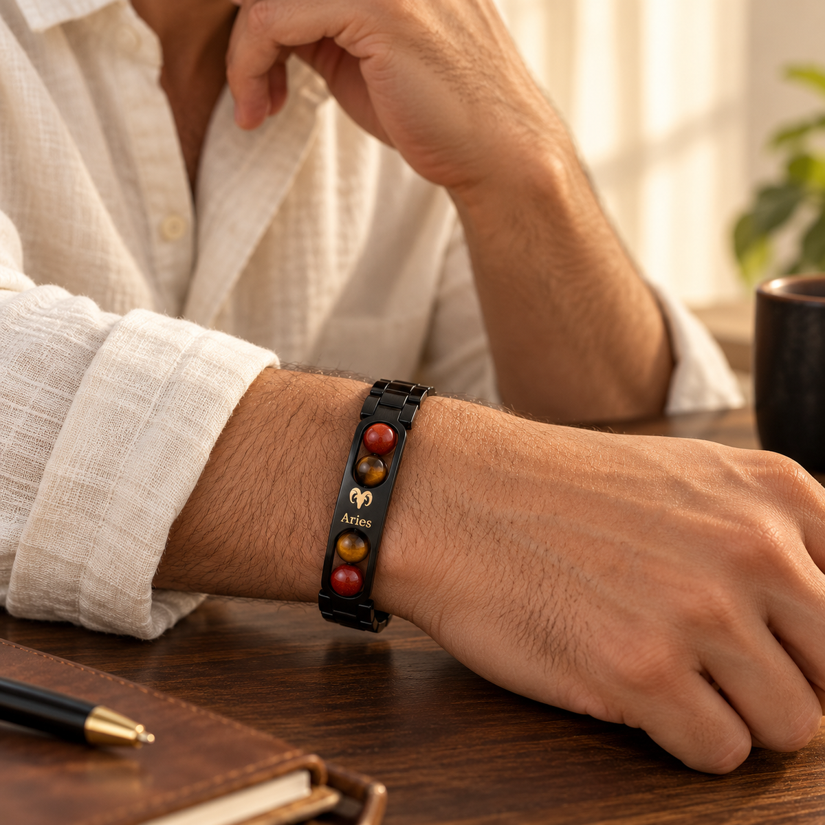 Aries (मेष राशि) Zodiac Metal Bracelet — Red Jasper & Tiger Eye