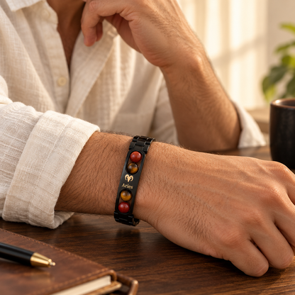 Aries (मेष राशि) Zodiac Metal Bracelet — Red Jasper & Tiger Eye