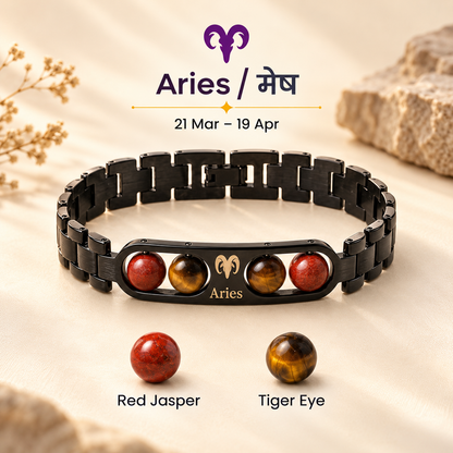 Aries (मेष राशि) Zodiac Metal Bracelet — Red Jasper & Tiger Eye