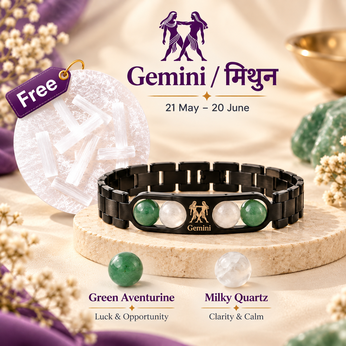 Gemini (मिथुन राशि) Zodiac Metal Bracelet — Green Aventurine & Milky Quartz + Free Raw Selenite