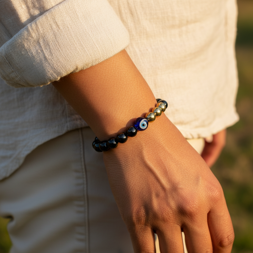 Certified Prosperity and Protection Bracelet with Pyrite, Tourmaline & Evil Eye