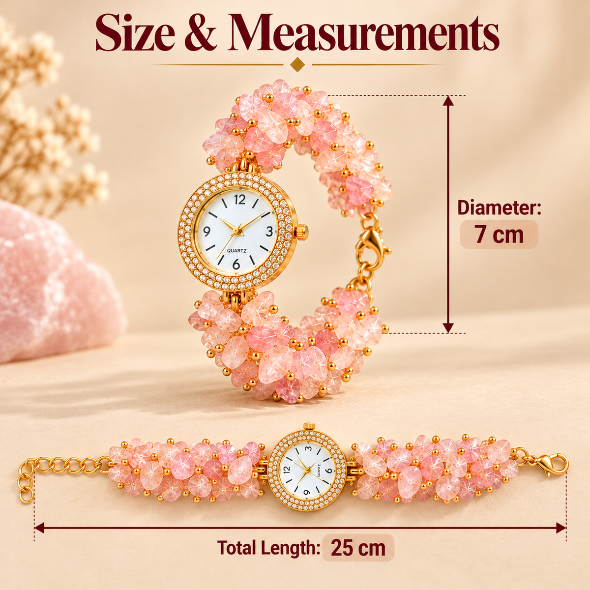 Rose Quartz Stone Chips Watch | Crystal Bracelet Watch for Women