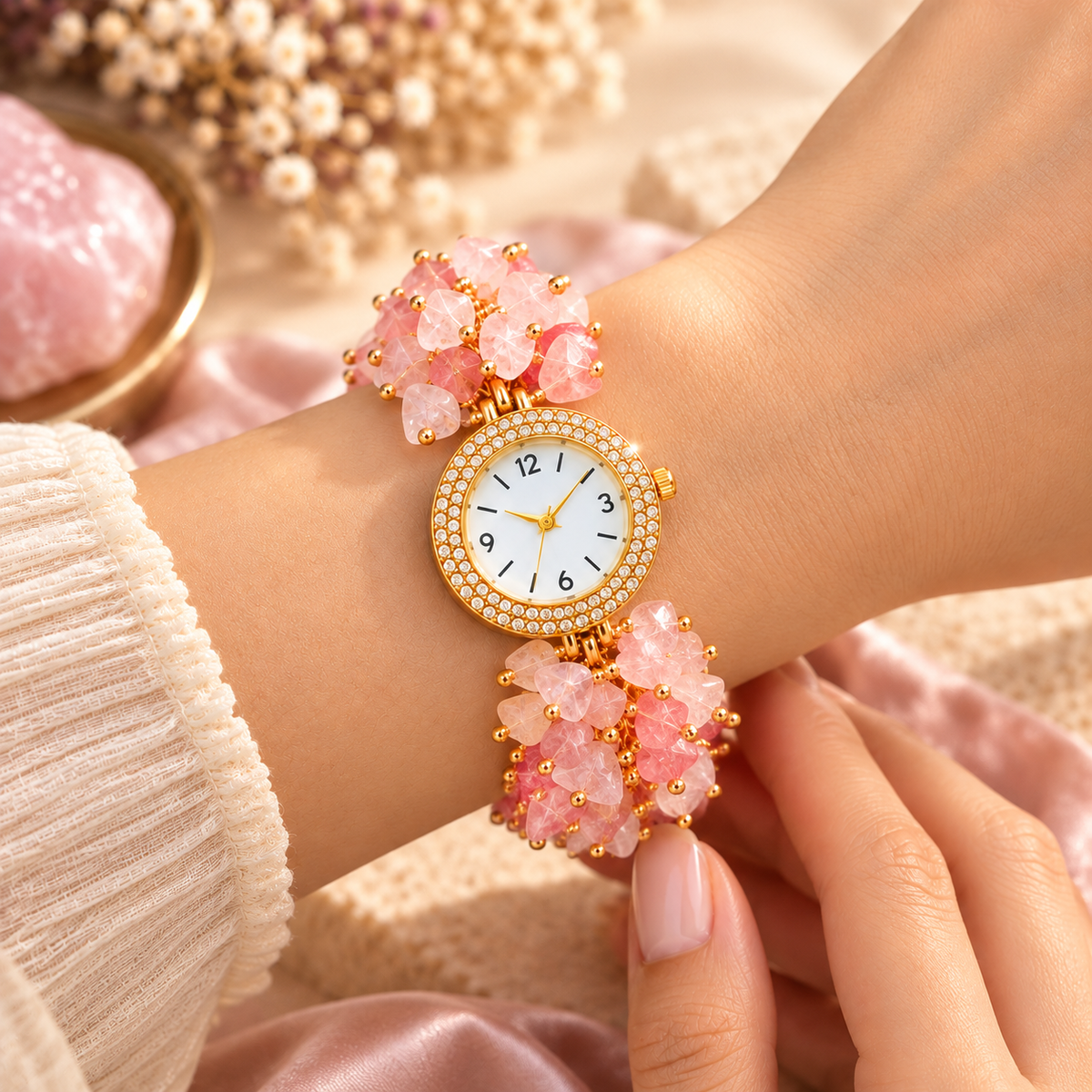 Rose Quartz Stone Chips Watch | Crystal Bracelet Watch for Women