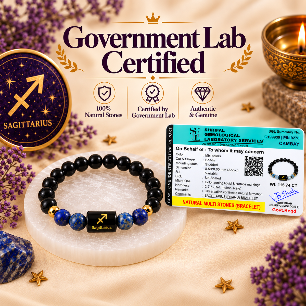 Sagittarius Zodiac Bracelet — Black Obsidian & Lapis Lazuli (Dhanu Rashi)