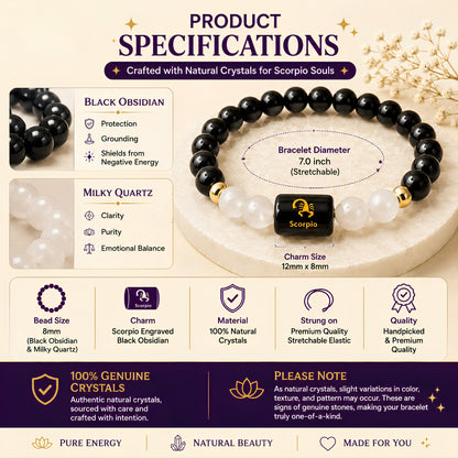 Scorpio Zodiac Bracelet – Black Obsidian & Milky Quartz (Vrishchik Rashi)