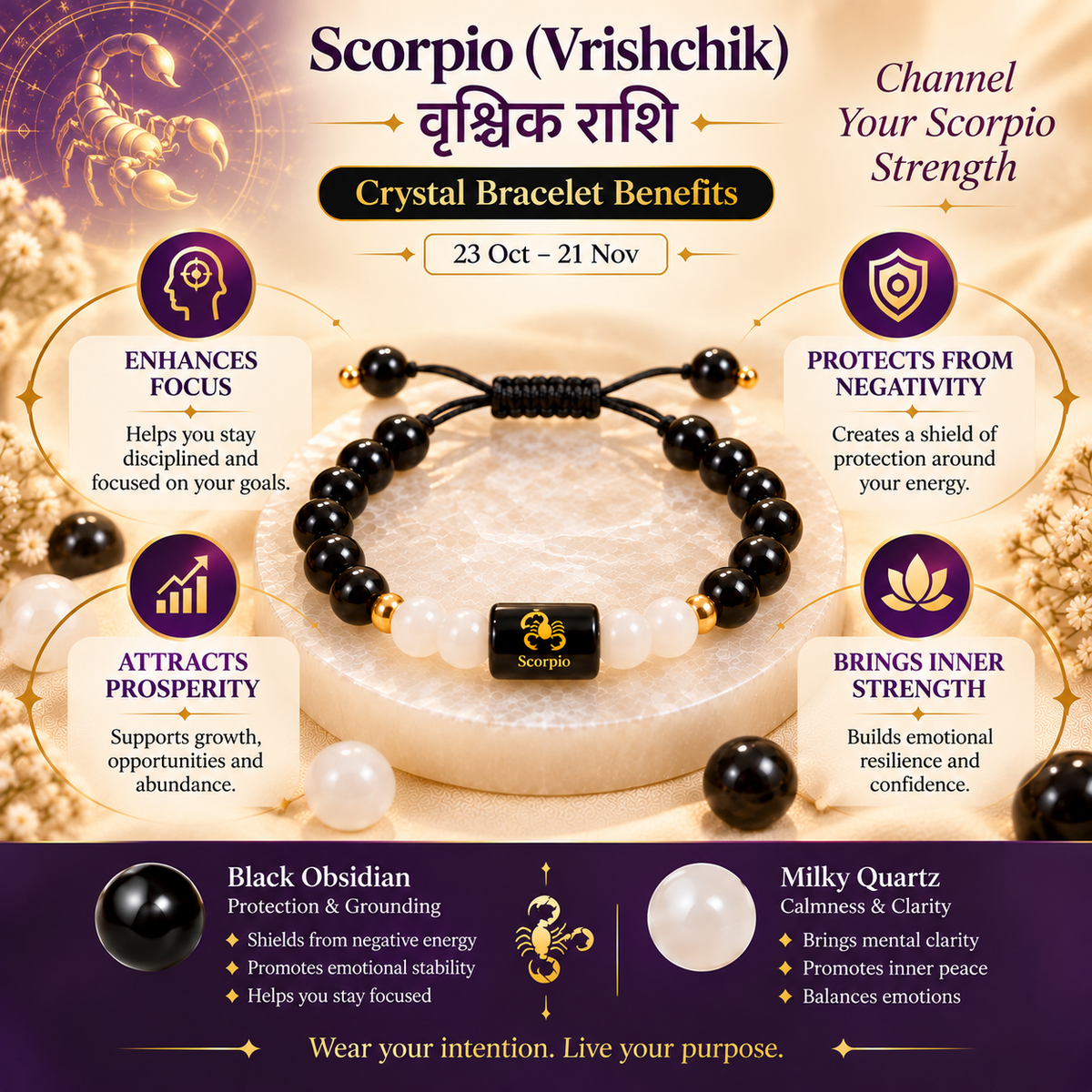 Scorpio Zodiac Bracelet | Unbreakable Adjustable | Black Obsidian + Milky Quartz | Free Size | Unisex