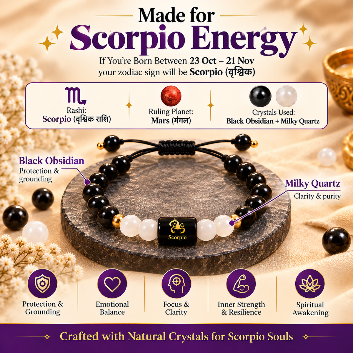 Scorpio Zodiac Bracelet | Unbreakable Adjustable | Black Obsidian + Milky Quartz | Free Size | Unisex