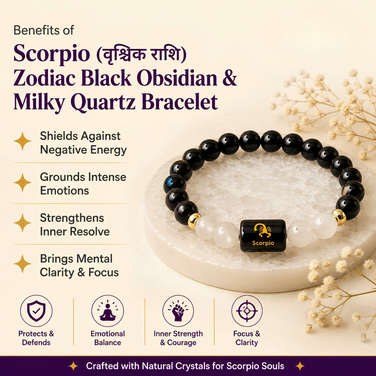 Scorpio Zodiac Bracelet – Black Obsidian & Milky Quartz (Vrishchik Rashi)