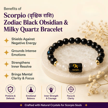 Scorpio Zodiac Bracelet – Black Obsidian & Milky Quartz (Vrishchik Rashi)